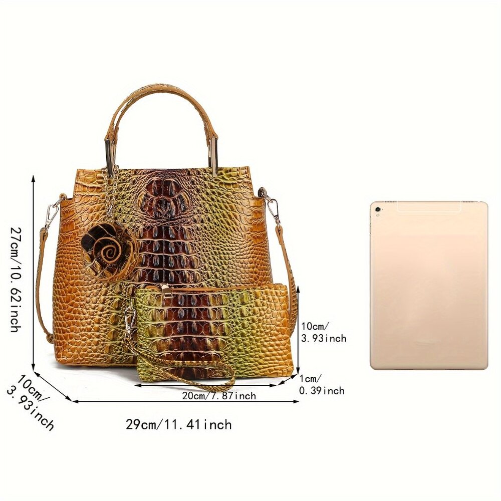 Vintage Inspired Crocodile Pattern 2 Bag Set W/ Removable Strap Vegan Leather - Picture 4 of 4